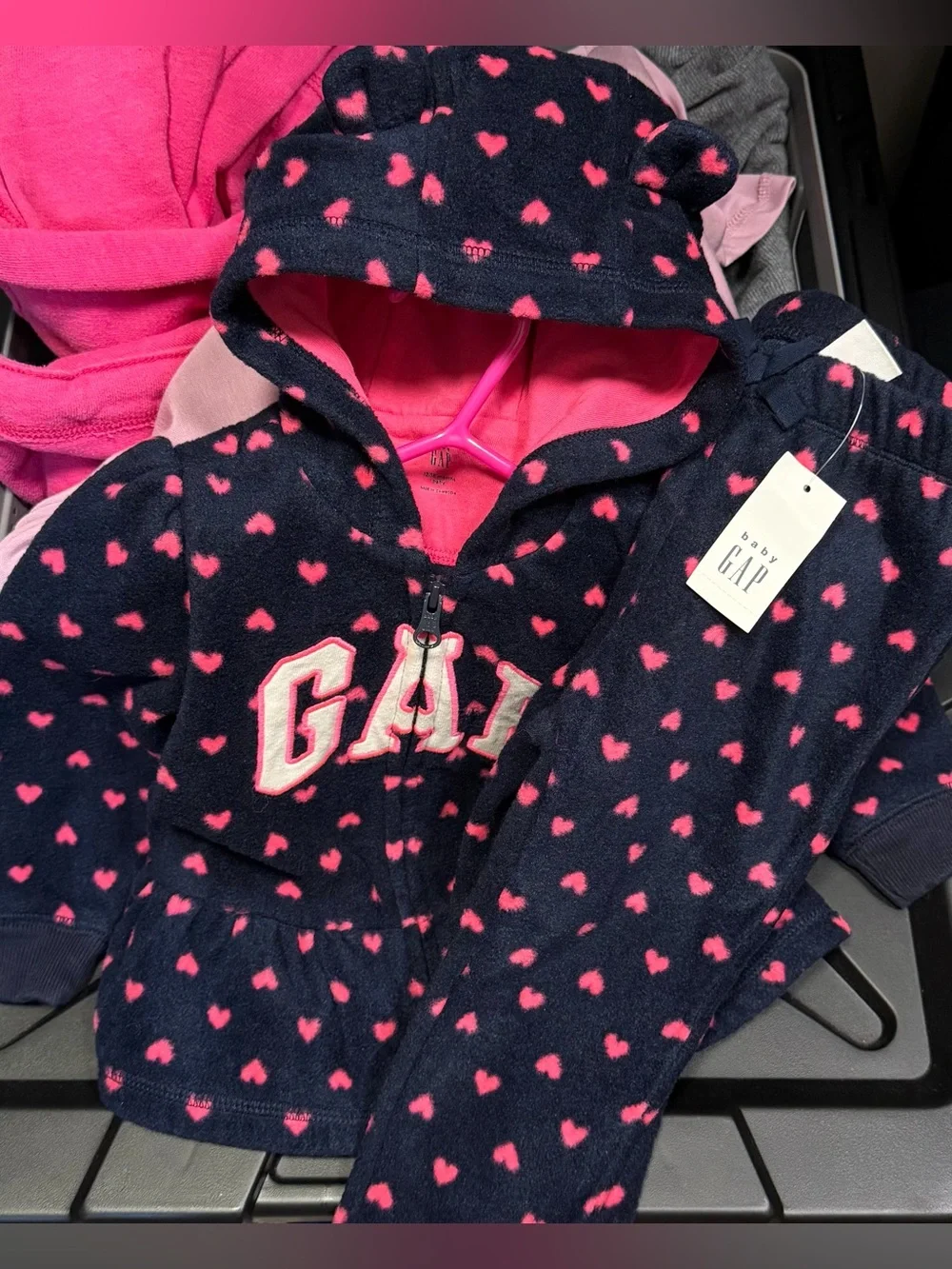 2 GAP Navy Hooded Fleece with Pink Heart Print Girls 12-18M NWT